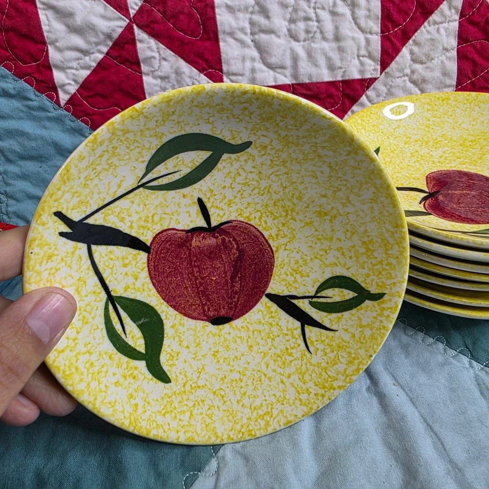 Vintage Mid Century Modern Apple Pattern Yellow Speckled Ceramic Small Plates x8